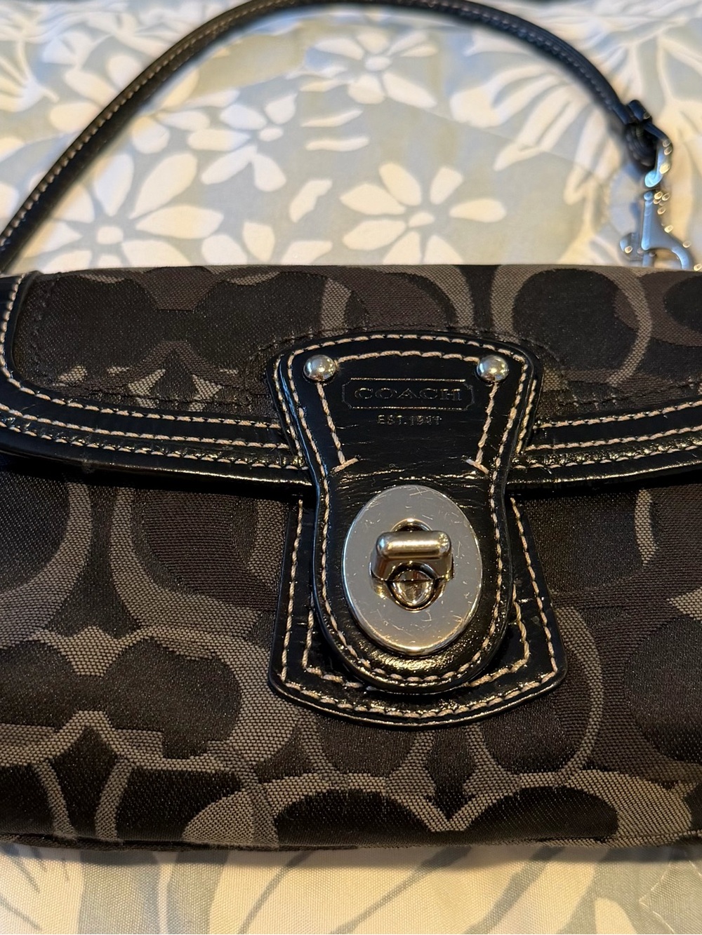 Coach Black Signature Turnlock Wristlet with Leather Trim